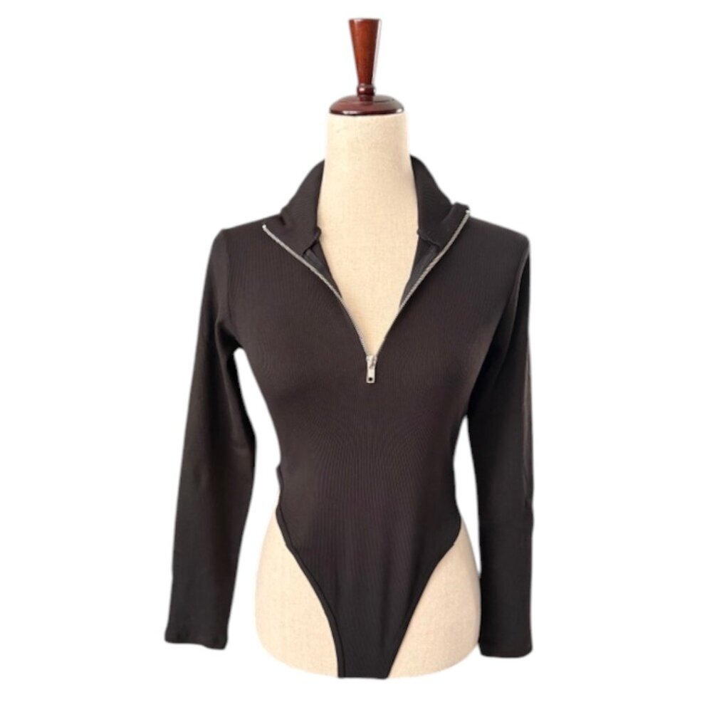 Zara Black Ribbed Quarter Zipper Front Turtleneck Long Sleeve Bodysuit Lrg NWOT - Picture 12 of 16